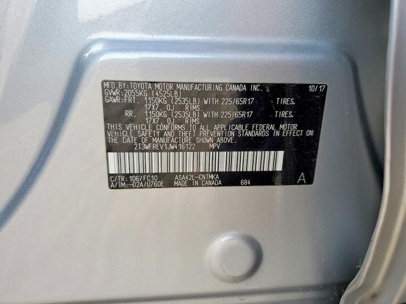 Продажа на аукционе авто 2018 Toyota Rav4, vin: 2T3WFREV1JW416122, номер лота: 58301006