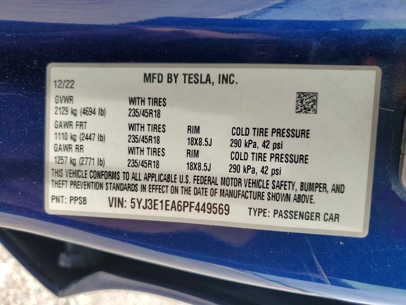 Aukcja sprzedaży 2023 Tesla Model 3, vin: 5YJ3E1EA6PF449569, numer aukcji: 56314306