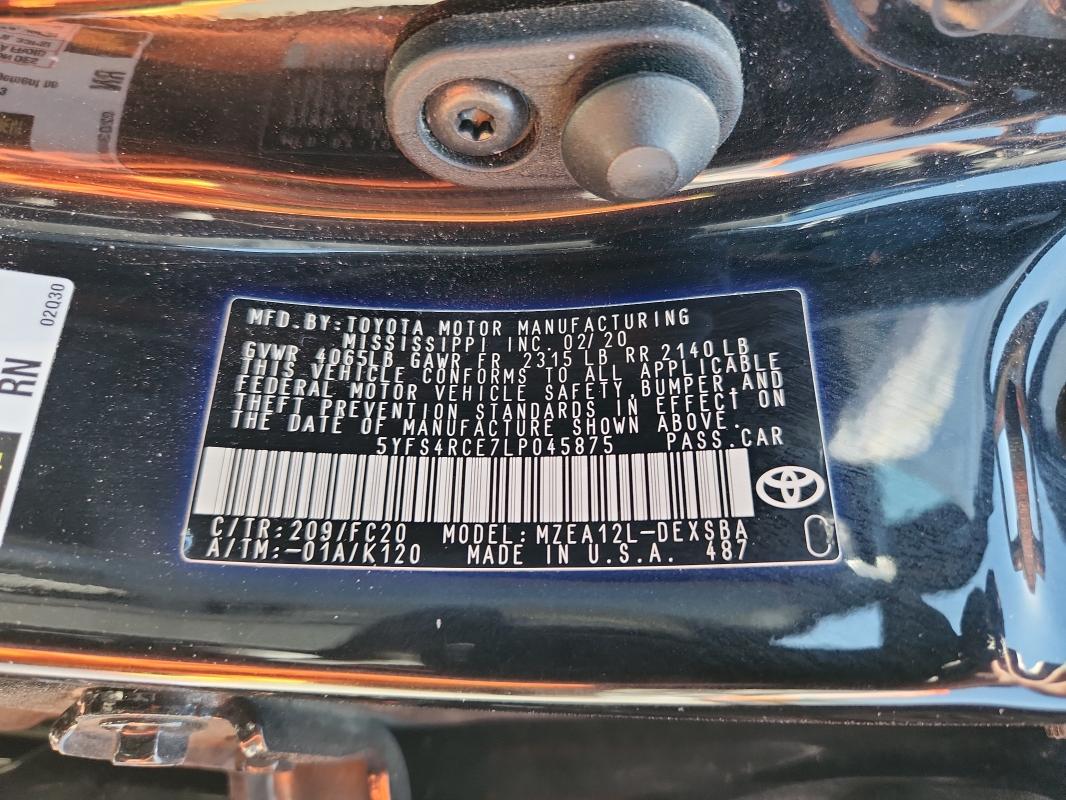 2020 Toyota Corolla მანქანა იყიდება აუქციონზე, vin: 5YFS4RCE7LP045875, აუქციონის ნომერი: 57845336