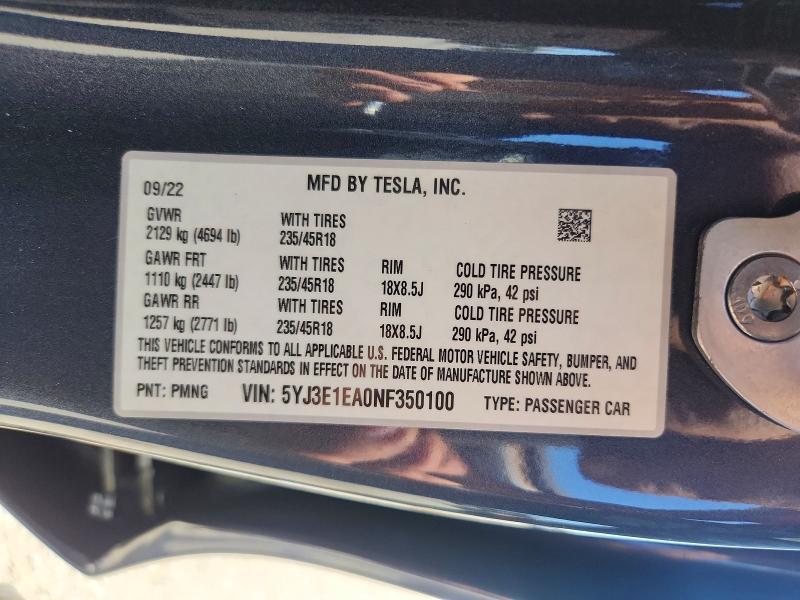 2022 Tesla Model 3 მანქანა იყიდება აუქციონზე, vin: 5YJ3E1EA0NF350100, აუქციონის ნომერი: 55618886