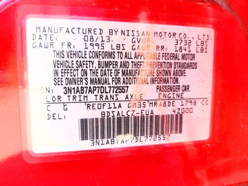 2013 Nissan Sentra მანქანა იყიდება აუქციონზე, vin: 3N1AB7AP7DL772557, აუქციონის ნომერი: 54865826