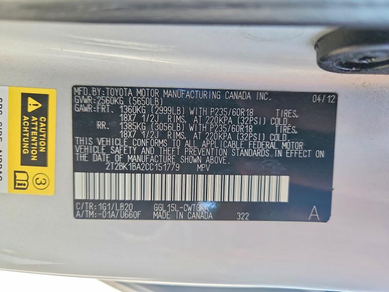 Aukcja sprzedaży 2012 Lexus Rx, vin: 2T2BK1BA2CC151779, numer aukcji: 58460846