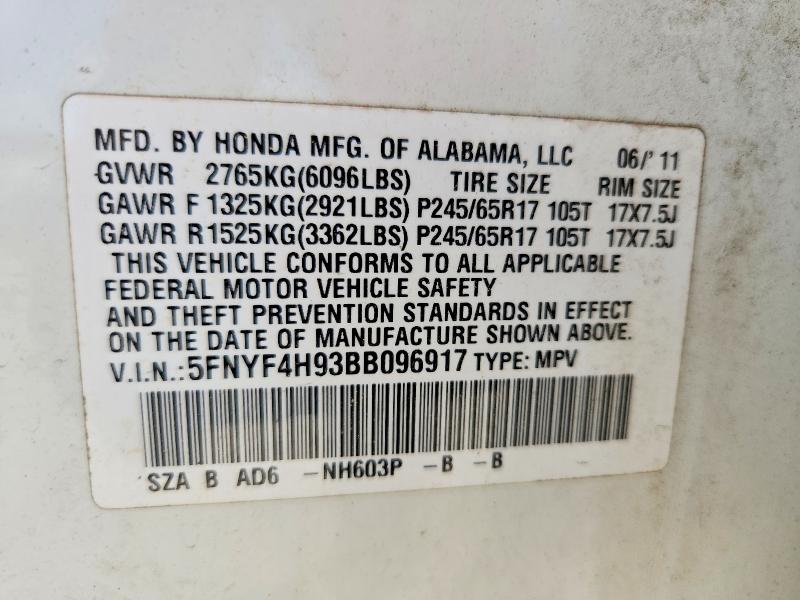 57762736 :رقم المزاد ، 5FNYF4H93BB096917 vin ، 2011 Honda Pilot مزاد بيع