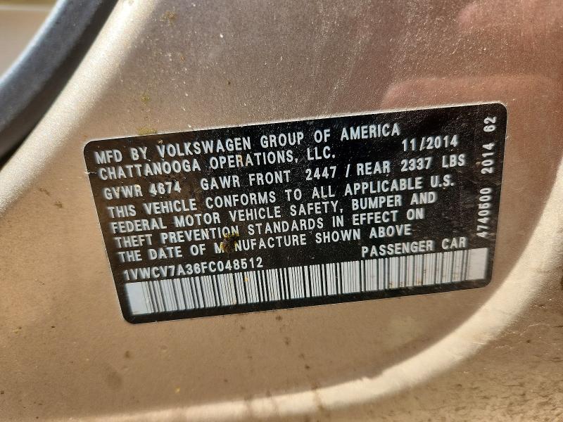 2015 Volkswagen Passat მანქანა იყიდება აუქციონზე, vin: 1VWCV7A36FC048512, აუქციონის ნომერი: 56889216