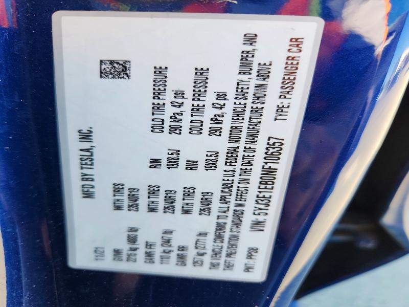 57922306 :رقم المزاد ، 5YJ3E1EB0NF106357 vin ، 2022 Tesla Model 3 مزاد بيع