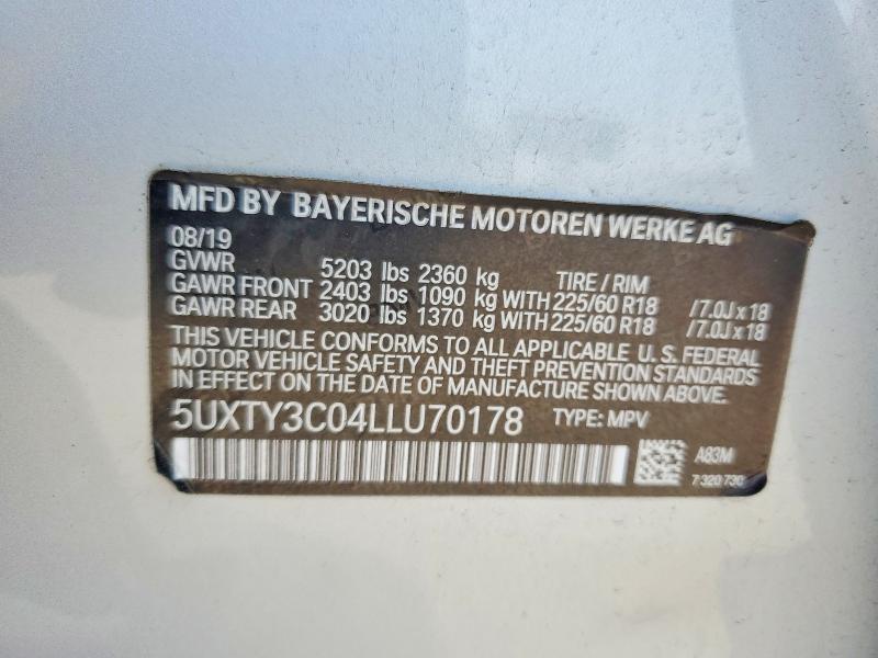 2020 Bmw X3 მანქანა იყიდება აუქციონზე, vin: 5UXTY3C04LLU70178, აუქციონის ნომერი: 58325006