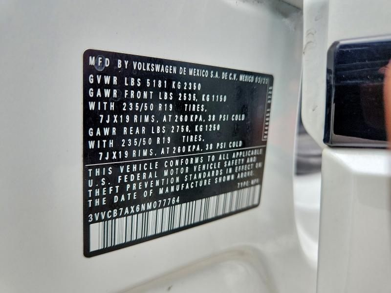 2022 Volkswagen Tiguan მანქანა იყიდება აუქციონზე, vin: 3VVCB7AX6NM077764, აუქციონის ნომერი: 85987195