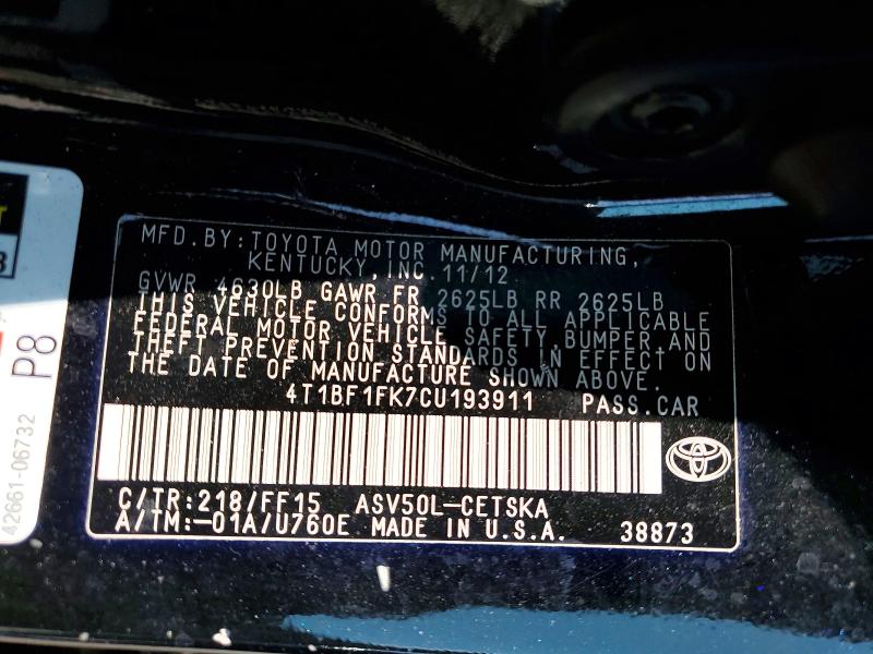 58606146 :رقم المزاد ، 4T1BF1FK7CU193911 vin ، 2012 Toyota Camry مزاد بيع