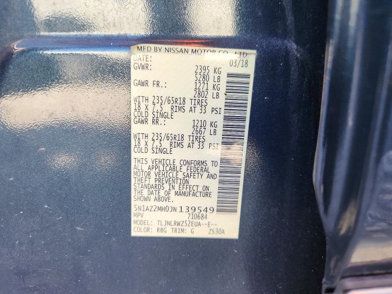 2018 Nissan Murano მანქანა იყიდება აუქციონზე, vin: 5N1AZ2MH0JN139549, აუქციონის ნომერი: 57403116