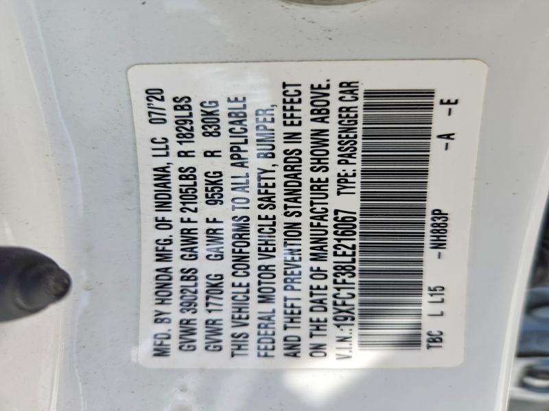 2020 Honda Civic მანქანა იყიდება აუქციონზე, vin: 19XFC1F38LE216067, აუქციონის ნომერი: 59256666