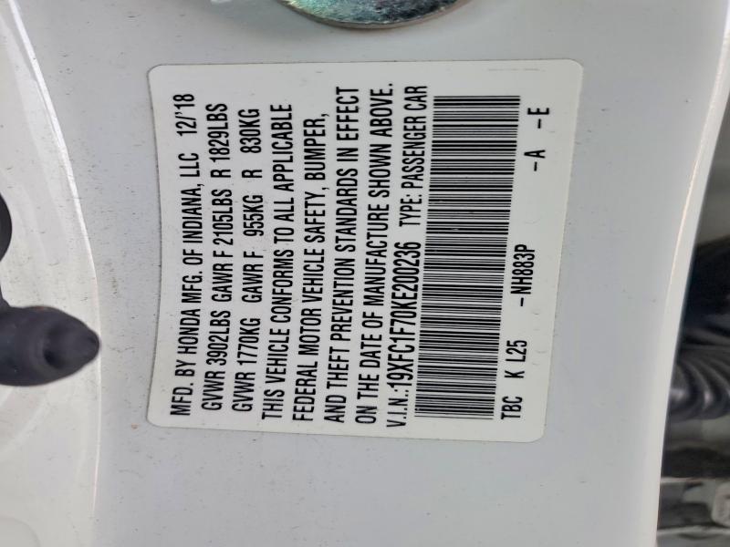 Aukcja sprzedaży 2019 Honda Civic, vin: 19XFC1F70KE200236, numer aukcji: 56529516