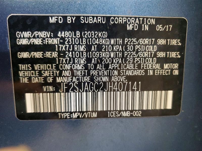 Aukcja sprzedaży 2018 Subaru Forester, vin: JF2SJAGC2JH407141, numer aukcji: 57471506