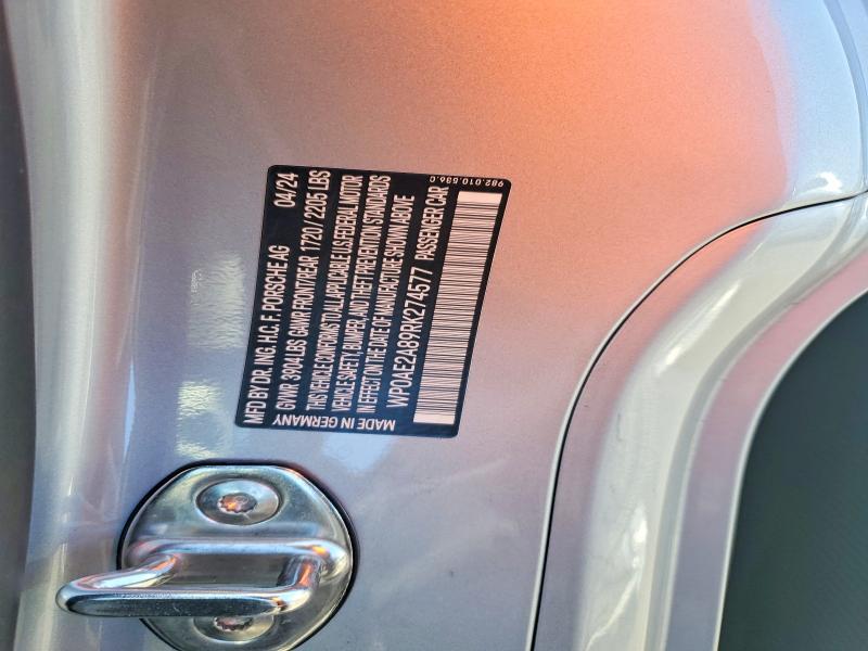 58415466 :رقم المزاد ، WP0AE2A89RK274577 vin ، 2024 Porsche Cayman مزاد بيع