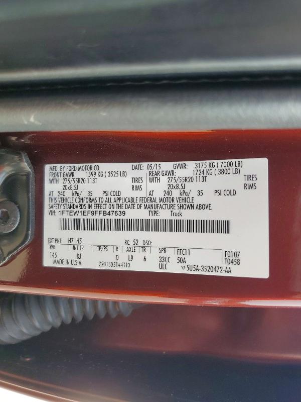 58468936 :رقم المزاد ، 1FTEW1EF9FFB47639 vin ، 2015 Ford F150 مزاد بيع