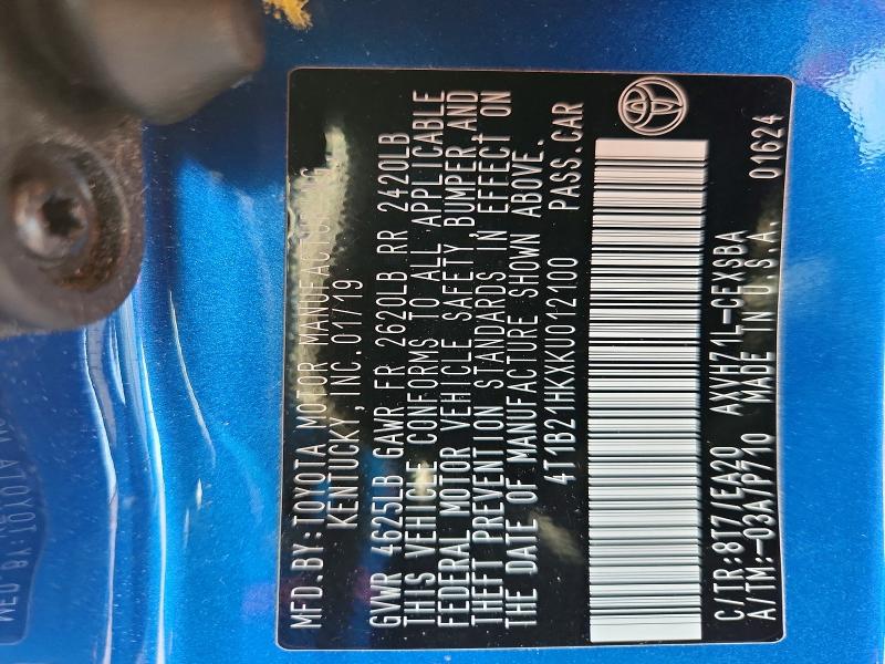 2019 Toyota Camry Hybrid მანქანა იყიდება აუქციონზე, vin: 4T1B21HKXKU012100, აუქციონის ნომერი: 56130406