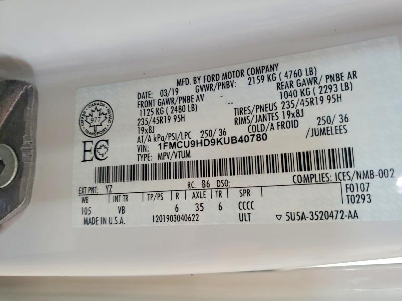 58203446 :رقم المزاد ، 1FMCU9HD9KUB40780 vin ، 2019 Ford Escape مزاد بيع