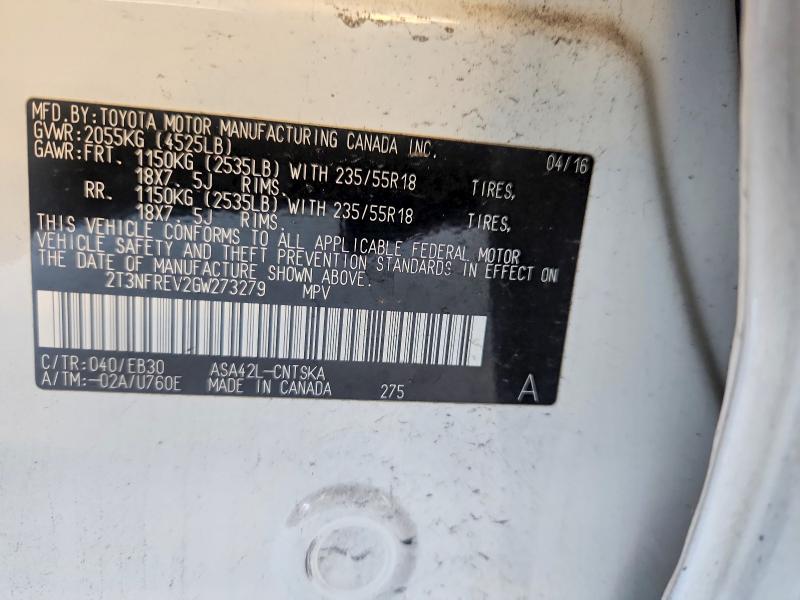 58992276 :رقم المزاد ، 2T3NFREV2GW273279 vin ، 2016 Toyota Rav4 مزاد بيع