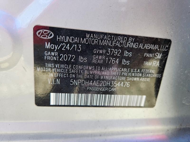 2013 Hyundai Elantra მანქანა იყიდება აუქციონზე, vin: 5NPDH4AE2DH354476, აუქციონის ნომერი: 56283146
