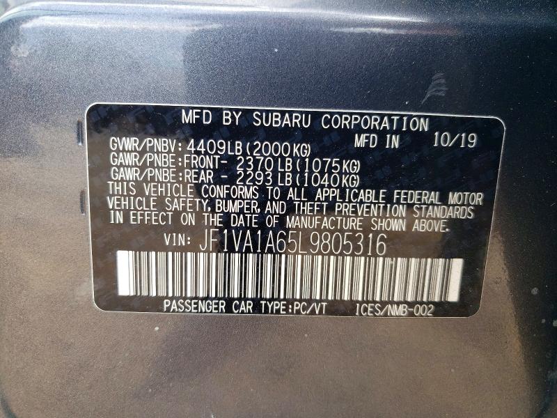 Продажа на аукционе авто 2020 Subaru Wrx, vin: JF1VA1A65L9805316, номер лота: 57584956