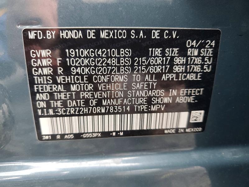 Продажа на аукционе авто 2024 Honda Hr-v, vin: 3CZRZ2H70RM783514, номер лота: 58972766