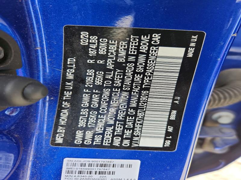 Продажа на аукционе авто 2020 Honda Civic, vin: SHHFK7H87LU219016, номер лота: 57877786