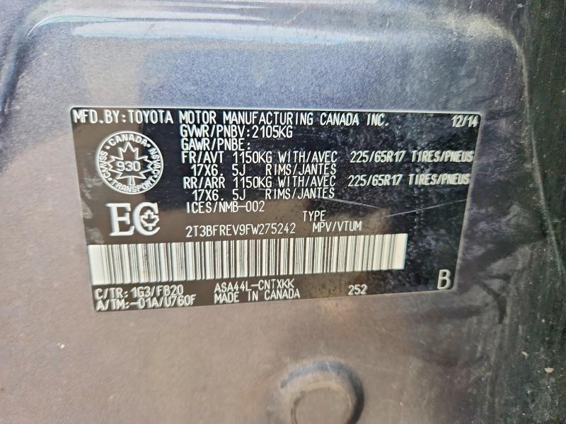 58231406 :رقم المزاد ، 2T3BFREV9FW275242 vin ، 2015 Toyota Rav4 مزاد بيع