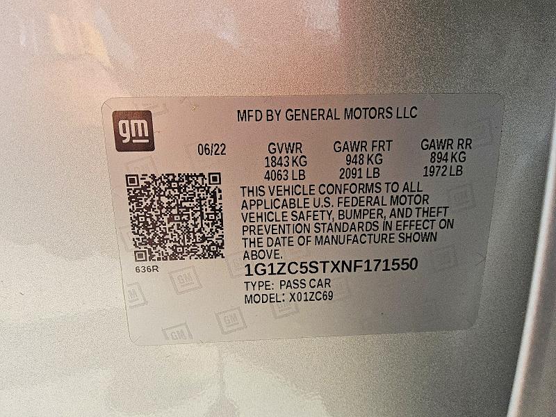 Продаж на аукціоні авто 2022 Chevrolet Malibu, vin: 1G1ZC5STXNF171550, номер лоту: 55447646