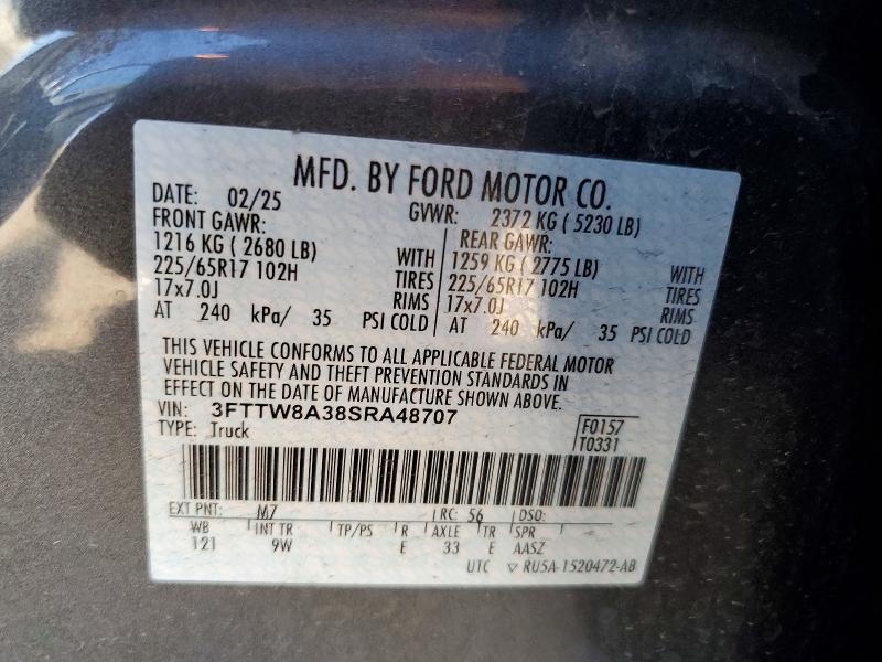 59539356 :رقم المزاد ، 3FTTW8A38SRA48707 vin ، 2025 Ford Maverick مزاد بيع