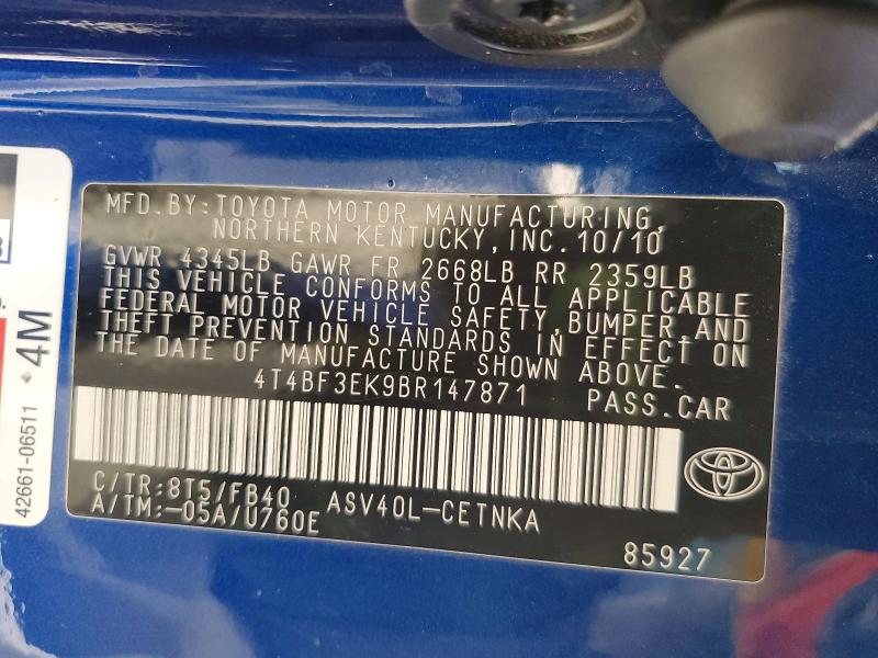 Aukcja sprzedaży 2011 Toyota Camry, vin: 4T4BF3EK9BR147871, numer aukcji: 58290086