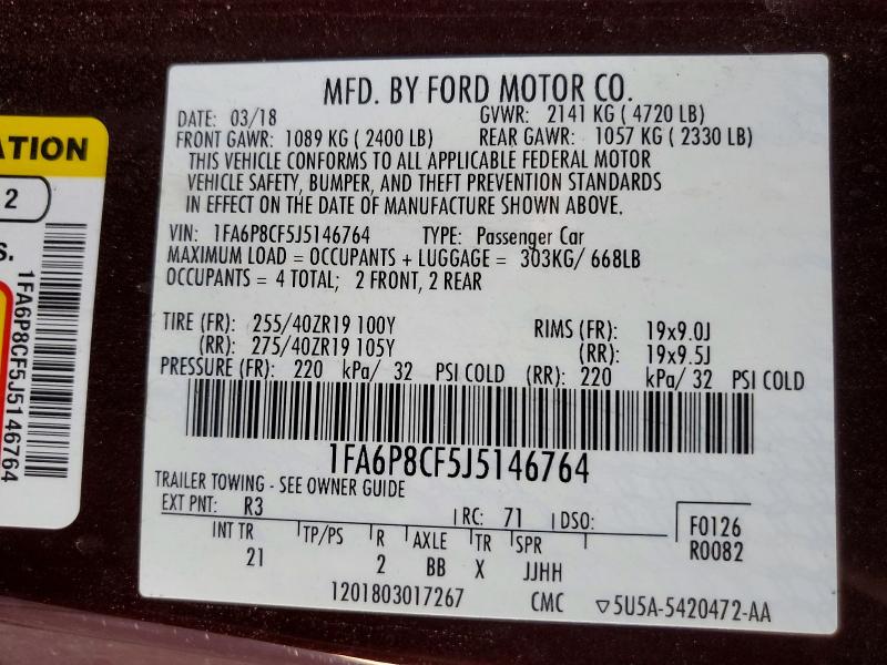 56190816 :رقم المزاد ، 1FA6P8CF5J5146764 vin ، 2018 Ford Mustang مزاد بيع