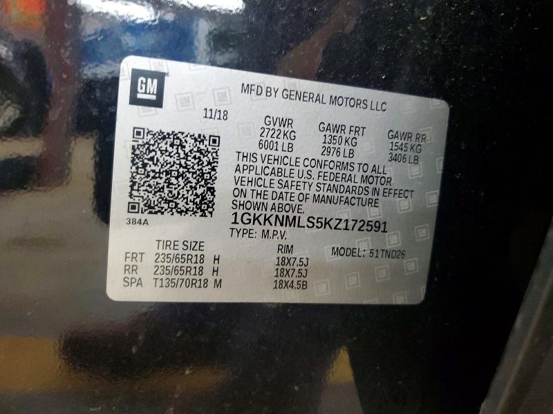 56616106 :رقم المزاد ، 1GKKNMLS5KZ172591 vin ، 2019 Gmc Acadia مزاد بيع