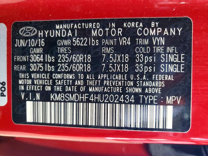 2017 Hyundai Santa Fe მანქანა იყიდება აუქციონზე, vin: KM8SMDHF4HU202434, აუქციონის ნომერი: 56778096