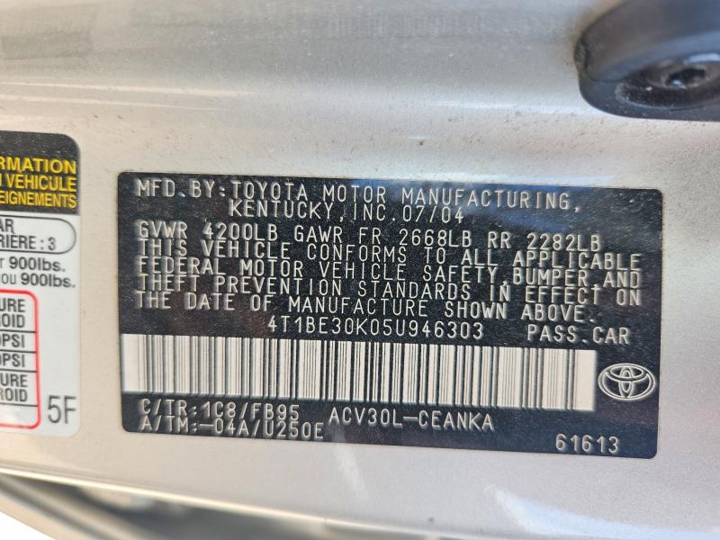 Auction sale of the 2005 Toyota Camry, vin: 4T1BE30K05U946303, lot number: 59157416
