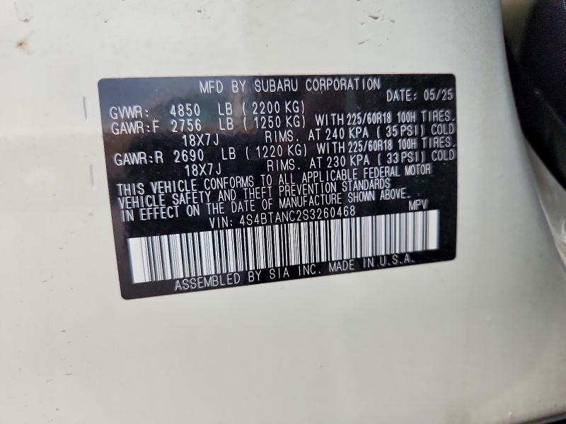 58574696 :رقم المزاد ، 4S4BTANC2S3260468 vin ، 2025 Subaru Outback مزاد بيع