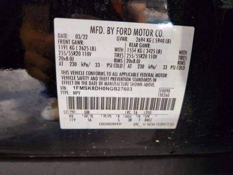 Aukcja sprzedaży 2022 Ford Explorer, vin: 1FMSK8DH0NGB27603, numer aukcji: 56290346