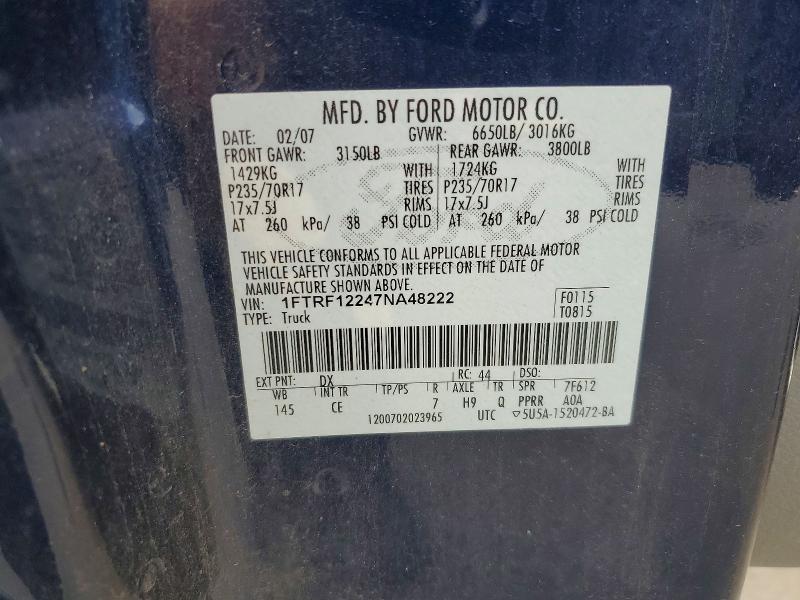 57544706 :رقم المزاد ، 1FTRF12247NA48222 vin ، 2007 Ford F150 مزاد بيع