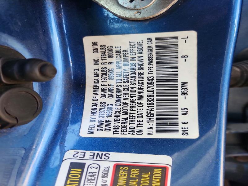 Продаж на аукціоні авто 2006 Honda Civic, vin: 1HGFA16826L070943, номер лоту: 59008156