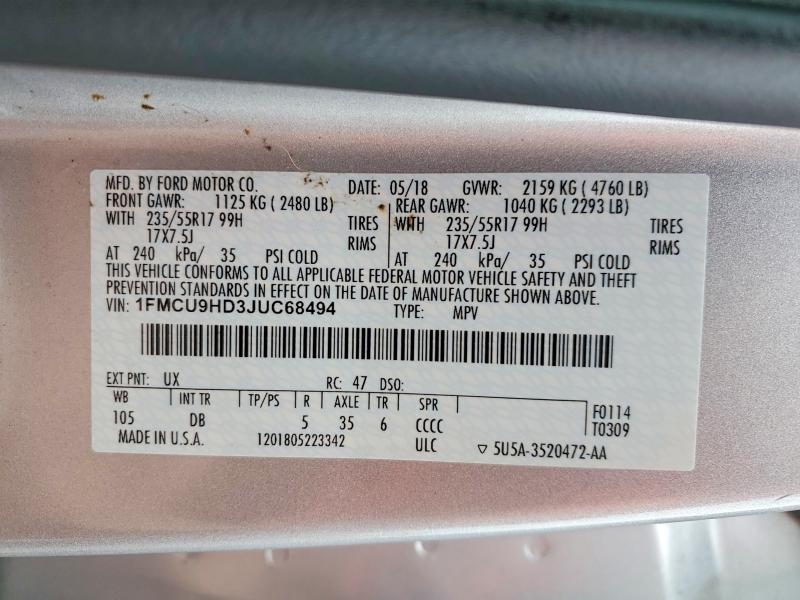 2018 Ford Escape მანქანა იყიდება აუქციონზე, vin: 1FMCU9HD3JUC68494, აუქციონის ნომერი: 58986966