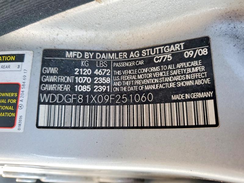 Aukcja sprzedaży 2009 Mercedes-benz C, vin: WDDGF81X09F251060, numer aukcji: 58601746