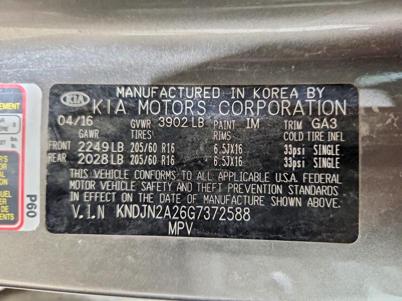 Aukcja sprzedaży 2016 Kia Soul, vin: KNDJN2A26G7372588, numer aukcji: 59621946