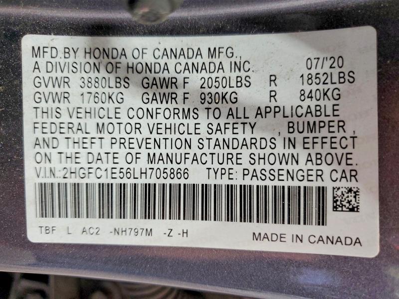 2020 Honda Civic მანქანა იყიდება აუქციონზე, vin: 2HGFC1E56LH705866, აუქციონის ნომერი: 58447506