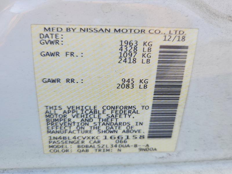 56630476 :رقم المزاد ، 1N4BL4CVXKC166158 vin ، 2019 Nissan Altima مزاد بيع