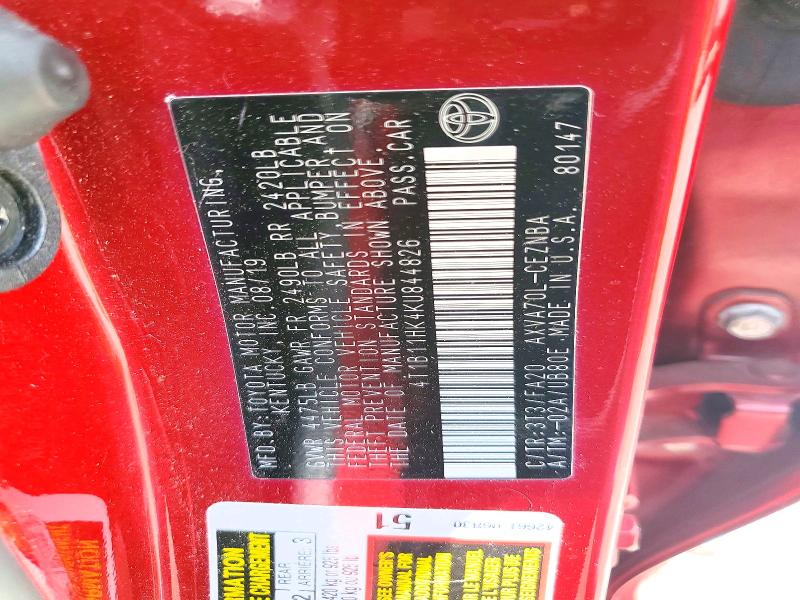 55868236 :رقم المزاد ، 4T1B11HK4KU844826 vin ، 2019 Toyota Camry مزاد بيع