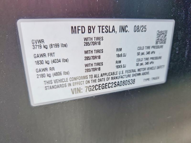 56780016 :رقم المزاد ، 7G2CEGEC2SA080538 vin ، 2025 Tesla Cybertruck مزاد بيع