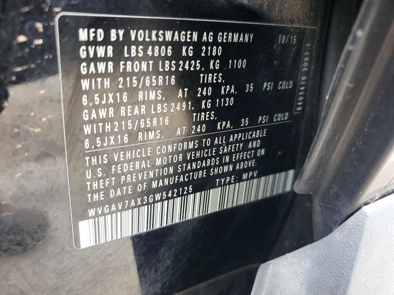 56254926 :رقم المزاد ، WVGAV7AX3GW542125 vin ، 2016 Volkswagen Tiguan مزاد بيع