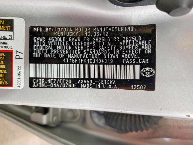 Aukcja sprzedaży 2012 Toyota Camry, vin: 4T1BF1FK1CU134319, numer aukcji: 58188346