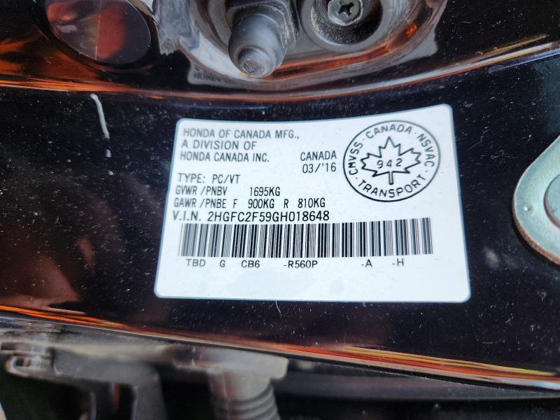 54666926 :رقم المزاد ، 2HGFC2F59GH018648 vin ، 2016 Honda Civic مزاد بيع