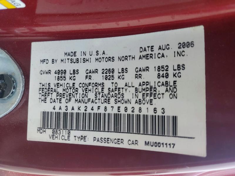 56696956 :رقم المزاد ، 4A3AK24F87E028163 vin ، 2007 Mitsubishi Eclipse مزاد بيع