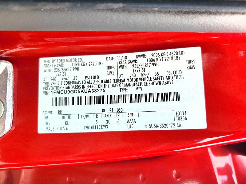 Aukcja sprzedaży 2019 Ford Escape, vin: 1FMCU0GD5KUA38275, numer aukcji: 56585366