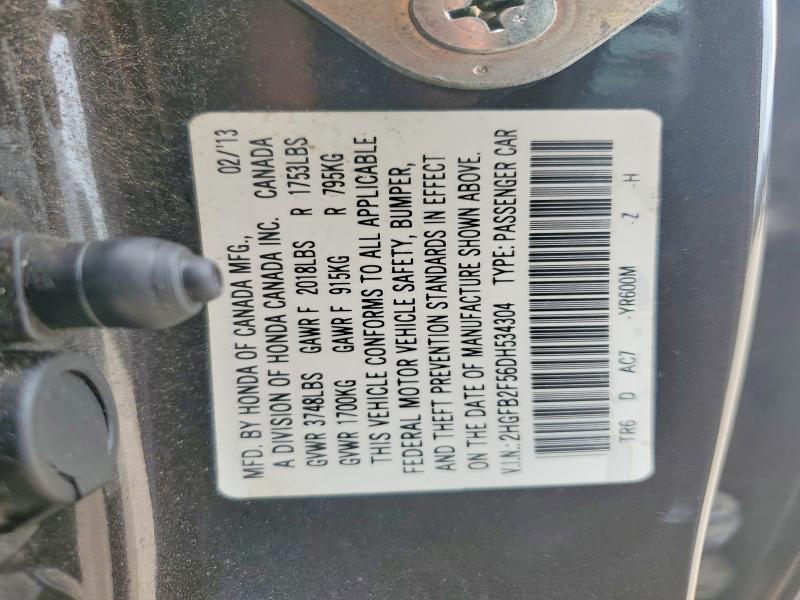 2013 Honda Civic მანქანა იყიდება აუქციონზე, vin: 2HGFB2F56DH534304, აუქციონის ნომერი: 56492296